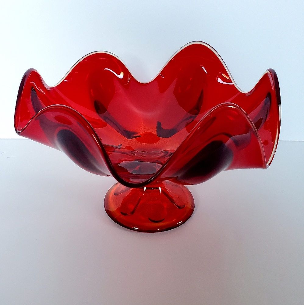 Mid-Century Modern VIKING GLASS Pedestal Bowl Amberina Orange Red Ruffled Edge
